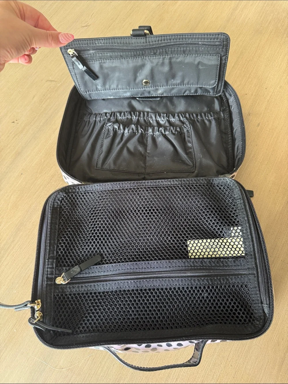 kate spade pink and black spotted cosmetic travel case